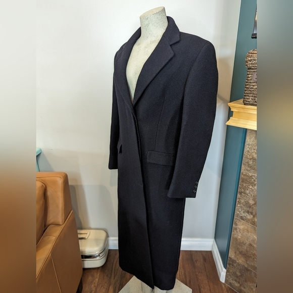 Harry Rosen Crombie Scotland pure virgin wool trench coat black/blue weave Sz M - Picture 5 of 17